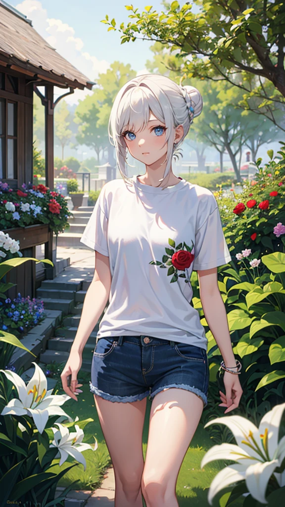 anime style, A boy, White hair, blue eyes, Her hair, worn in a bun, is decorated with flowers., Shorts, surrounded by flowers, in a garden, Lilies, rose, poppies, fondo de pantalla 4k de high quality, rendering, rendering super detailed, 2D, super detailed, high quality, 4k, HD, cabello de high quality