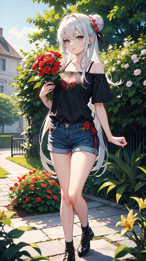 anime style, A boy, White hair, blue eyes, Her hair, worn in a bun, is decorated with flowers., Shorts, surrounded by flowers, in a garden, Lilies, rose, poppies, fondo de pantalla 4k de high quality, rendering, rendering super detailed, 2D, super detailed, high quality, 4k, HD, cabello de high quality