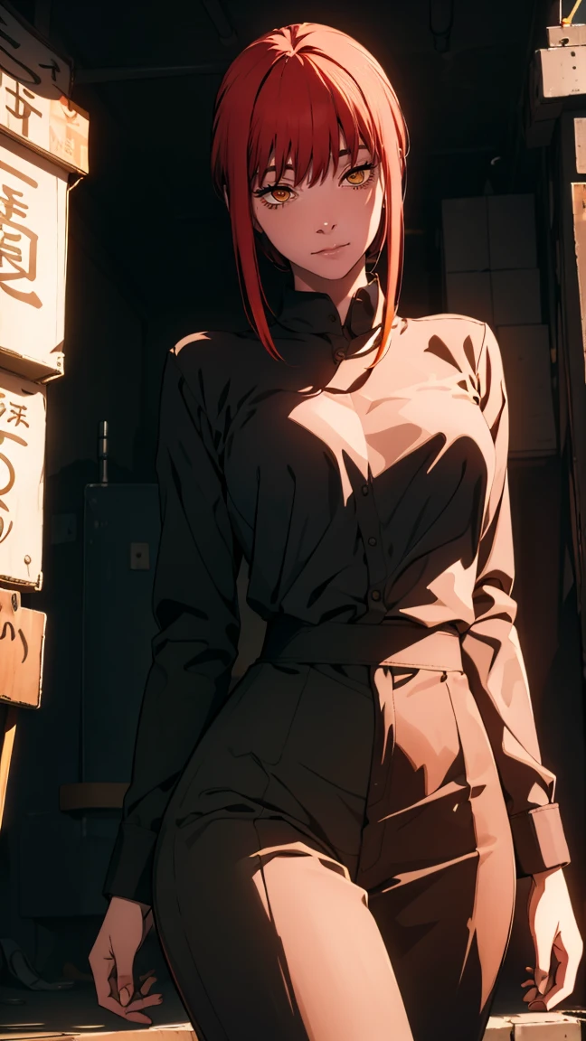 The character Makima from the anime series Chainsaw Man, fragile, full length (Full body 1.1.), dark background, darkness, Correct anatomy 1.1, holds his hands behind his back, correct hand anatomyVery sexy, erotica, very feminine, beautiful figure, legs, buttocks, Beautiful body, red hair, orange eyes, Red circles for schoolchildren, summer dress, sexy pose, realistic, very detailed, Beautiful body, detailed body, detailed hands, detailed, Vibrating, detailed Face, Makima character design. very detailed, detailed body, detailed hands, detailed Face, anime art, Hugh Details, Very downcast face, detailed eyes, Super thin illustration, best shadow, Fine detail, beautiful detailed glow, beautiful detailed, Extraordinarily beautiful, extremely detailed, inexpressive, epic composition, Anime style. anime art anime art, Anime style,