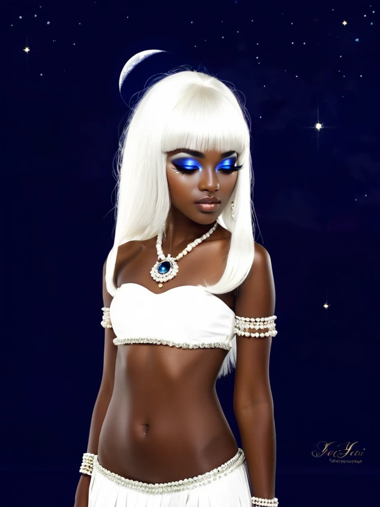 Goddess Jaci, Indigenous, Goddess of the moon, Brazilian legend, white hair, straight hair, straight bangs, black skin, white clothes, moon accessories, beautiful girl, big eyelashes, Accessories with blue pearls