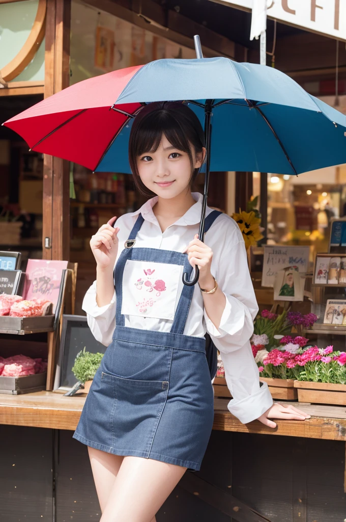 A 20-year-old girl who works at a store that sells a lot of cute umbrellas.（Wearing a miniskirt and apron）