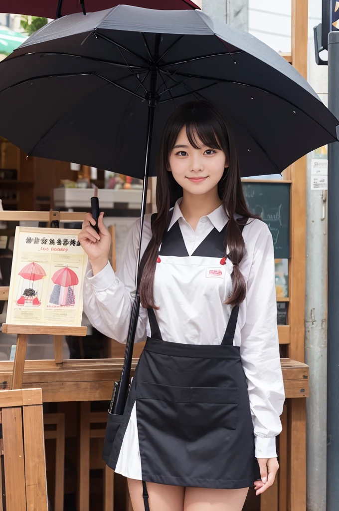 A 20-year-old girl who works at a store that sells a lot of cute umbrellas.(Wearing a miniskirt and apron)