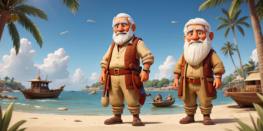 In the time of ancient Arab princes, an elderly fisherman with a weathered face stands on a bustling beach at noon. His simple, tattered clothes contrast with the vibrant, sunlit sea behind him. He prepares to cast his fishing net into the shimmering water. The scene is in 3D cartoon style, reminiscent of Pixar, capturing the intricate details of his movements and the lively, colorful environment.