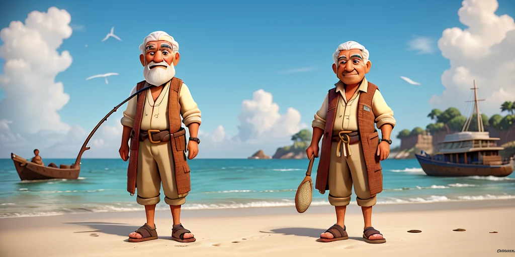 In the time of ancient Arab princes, an elderly fisherman with a weathered face stands on a bustling beach at noon. His simple, tattered clothes contrast with the vibrant, sunlit sea behind him. He prepares to cast his fishing net into the shimmering water. The scene is in 3D cartoon style, reminiscent of Pixar, capturing the intricate details of his movements and the lively, colorful environment.