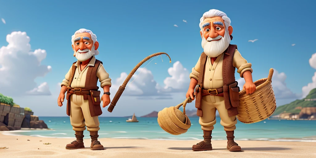 In the time of ancient Arab princes, an elderly fisherman with a weathered face stands on a bustling beach at noon. His simple, tattered clothes contrast with the vibrant, sunlit sea behind him. He prepares to cast his fishing net into the shimmering water. The scene is in 3D cartoon style, reminiscent of Pixar, capturing the intricate details of his movements and the lively, colorful environment.
