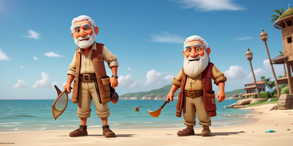 In the time of ancient Arab princes, an elderly fisherman with a weathered face stands on a bustling beach at noon. His simple, tattered clothes contrast with the vibrant, sunlit sea behind him. He prepares to cast his fishing net into the shimmering water. The scene is in 3D cartoon style, reminiscent of Pixar, capturing the intricate details of his movements and the lively, colorful environment.