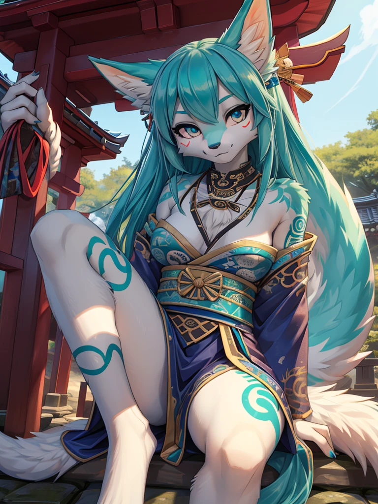 Miku Hatsune, high definition add_detail:1, blue fur,kitsune ears, tribal tattoo add_detail:1, pretty girl add_detail:1, feudal priestess clothing add_detail:1, japanese shrine landscape add_detail:1, japanese shrine costume add_detail:1, bare left leg add_detail:1