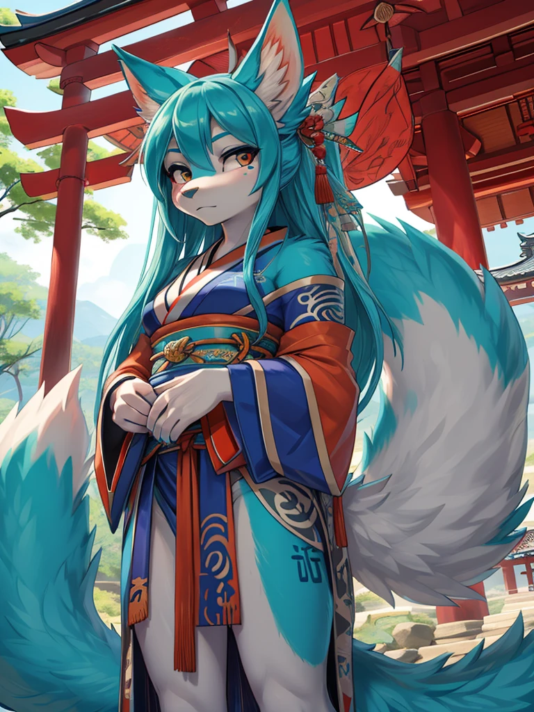 Miku Hatsune, high definition add_detail:1, blue fur,kitsune ears, tribal tattoo add_detail:1, pretty girl add_detail:1, feudal priestess clothing add_detail:1, japanese shrine landscape add_detail:1, japanese shrine costume add_detail:1, bare left leg add_detail:1