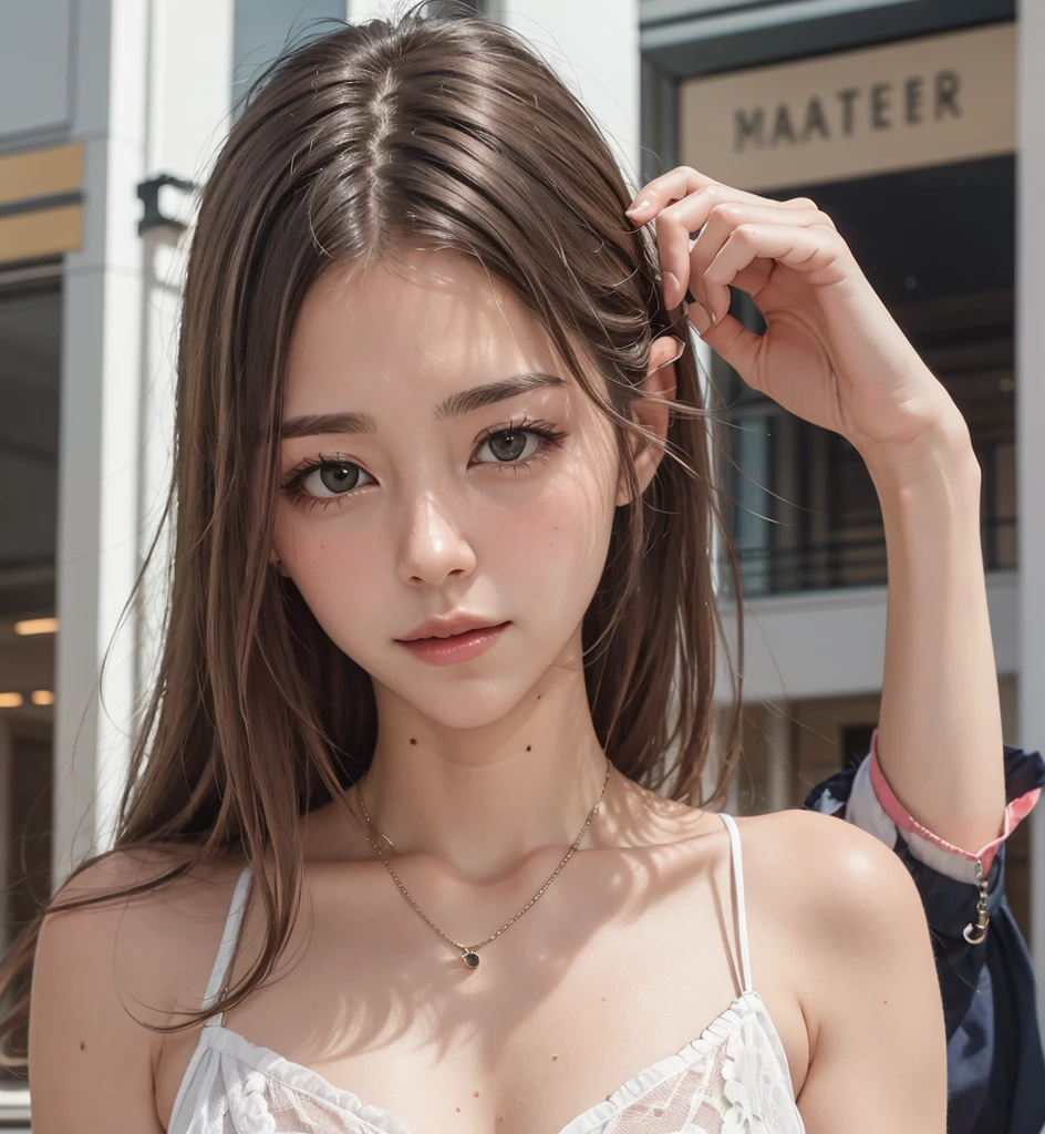 Masutepiece、highest qualityr、high resolusion、Eleonora Pavinato, 30 years old, Younger headshot, looking cute, cute pose, Beautiful busty girl, Black long hair, in the mall