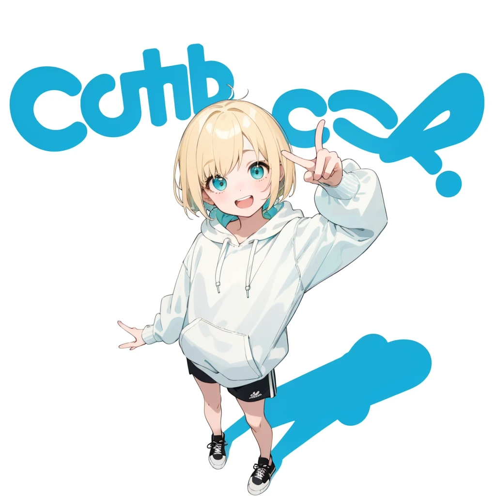 First Job, Better Quality, 1. garota Laughter, Short Mash Hair、Short Hair、Blonde Hair Color、Turquoise Eyes、White hoodie、Black hot pants、Black sneakers、, Little , Little, Laughter (Solo Girl)、Looking up、The camera is from above、The front hair is straight、Please draw the fingers in detail、Fingers５It&#39;s a book