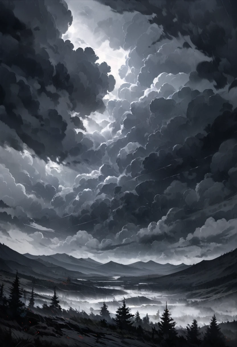 wilderness, in the huge supercell, rotating thundercloud, overcast weather, dimm, before the storm, ultra detailed