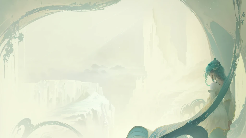 There is a painting,The painting shows a woman wearing a skirt, ethereal background, background artwork, fairy tale style background, faded background, divine background, background art, breezy background, muted background, atlantis background, plain background, background(hard), serene post-nuclear background, background hyper detailed, ballroom background, the background is misty, temple background, epic background