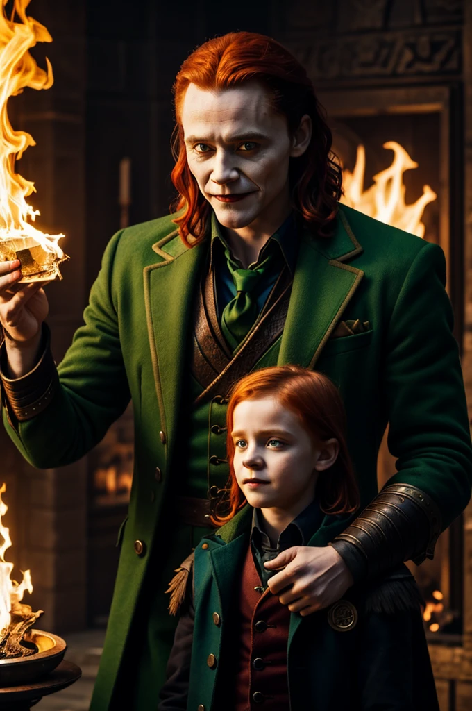 Loki nordic version, according to mine and ancient poems, with unmatched beauty,ginger hair,with fire magic, with his kids,with a malicious joker face, 4k hd image
