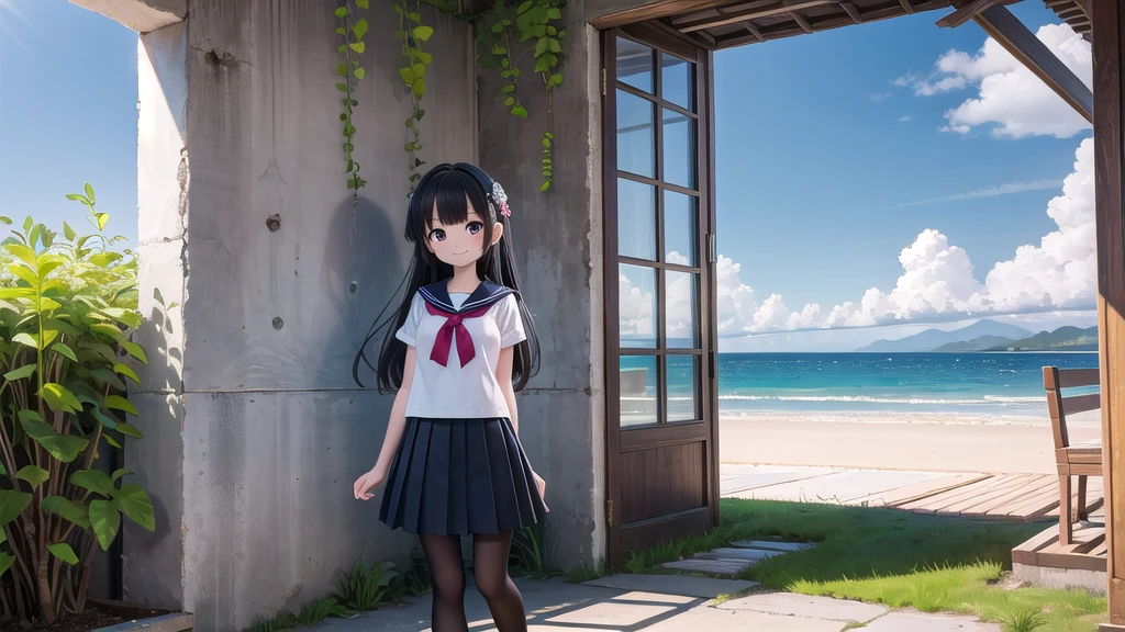 (masterpiece),  town,  blue sky,  One Girl, Place the person on the right,  smile,  alone,  Sailor suit、Long skirt,  Overgrown,  petal,  plant、Skirt lining、Translucent slip、nostalgic、Black Pantyhose、I can see the ocean in the distance