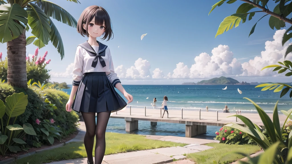 (masterpiece), town, blue sky, One Girl, Place the person on the right, smile, alone, Sailor suit、Long skirt, Overgrown, petal, plant、Skirt lining、Translucent slip、nostalgic、Black Pantyhose、I can see the ocean in the distance