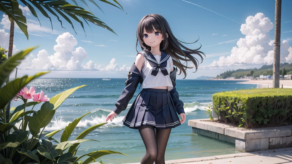 (masterpiece), town, blue sky, One Girl, Place the person on the right, smile, alone, Sailor suit、Long skirt, Overgrown, petal, plant、Skirt lining、Translucent slip、nostalgic、Black Pantyhose、I can see the ocean in the distance