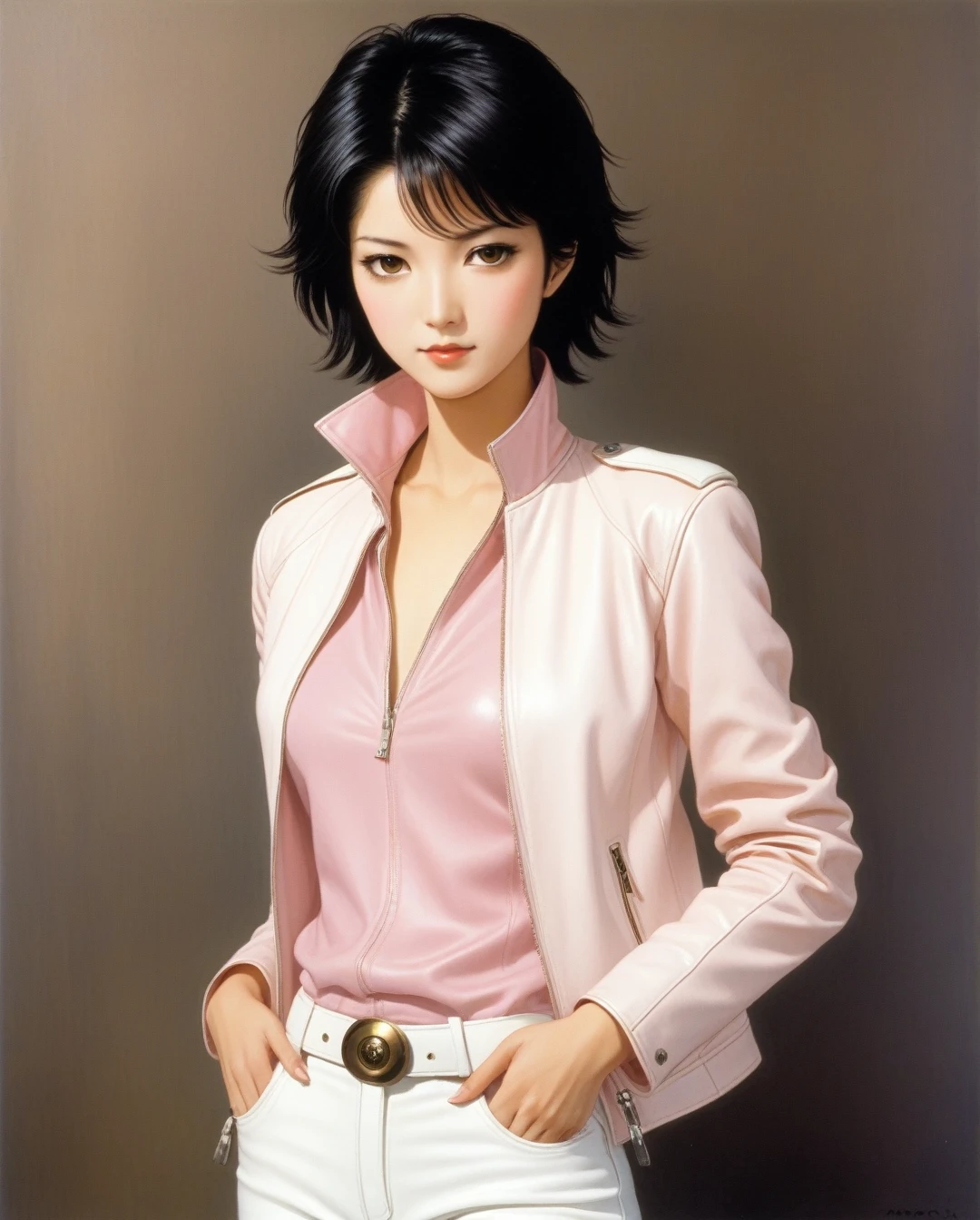 amano yoshitaka, Gorgeous female reporter wearing white leather pants, a soft pink t-shirt, and a white leather jacket. She had light brown skin, boyish short black hair, hazel eyes