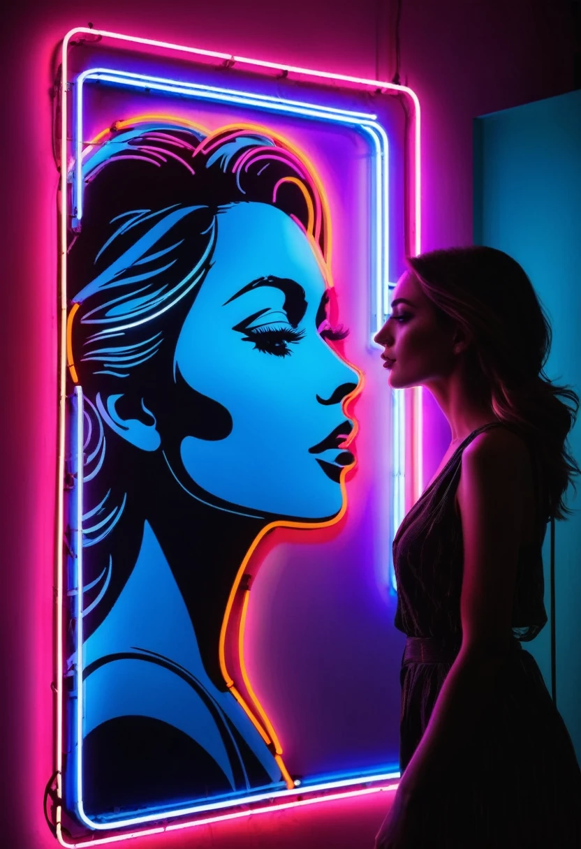 Side face silhouette，Shadow of beautiful woman under neon sign,Huge neon signboard，(Neon sign with text:1.5)
