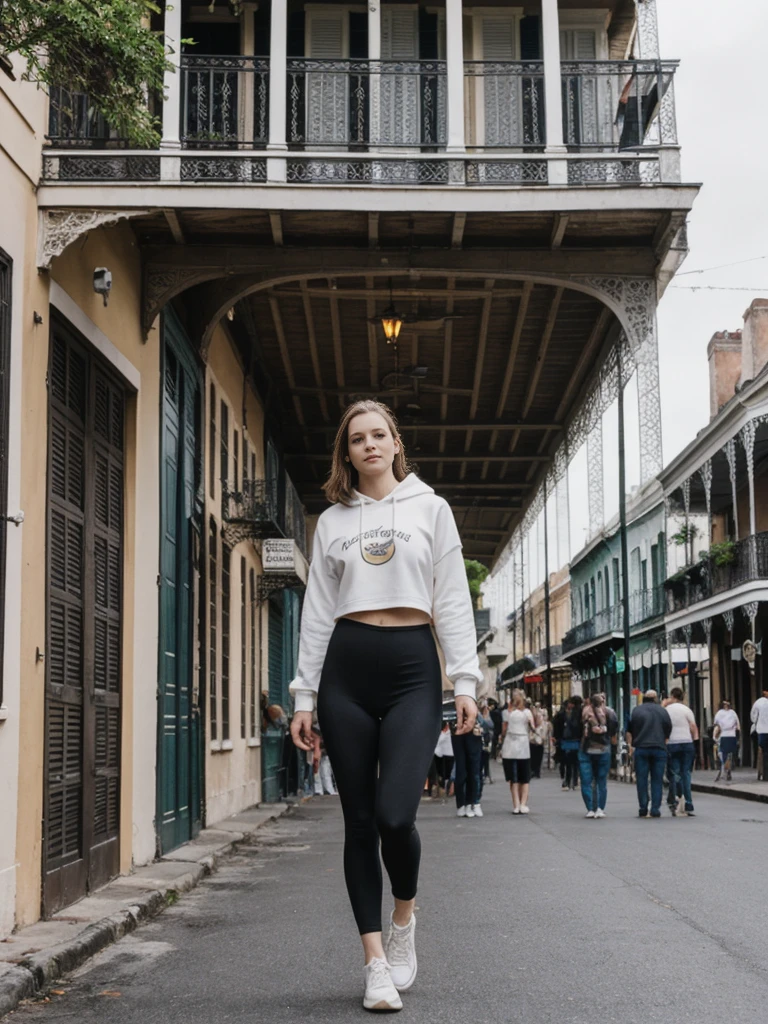 her name is Elle, high quality, 1girl, ((20-year-old fit Caucasian woman)), ((20 years old)), ((fit)), ((pale skin)), short length straight dark hair , wearing Graphic Cropped Hoodie + High-Waisted Vinyl Leggings, pose: standing, background: Capture the lively atmosphere of the French Quarter in New Orleans, with its vibrant jazz music, historic Creole townhouses, and bustling Bourbon Street
