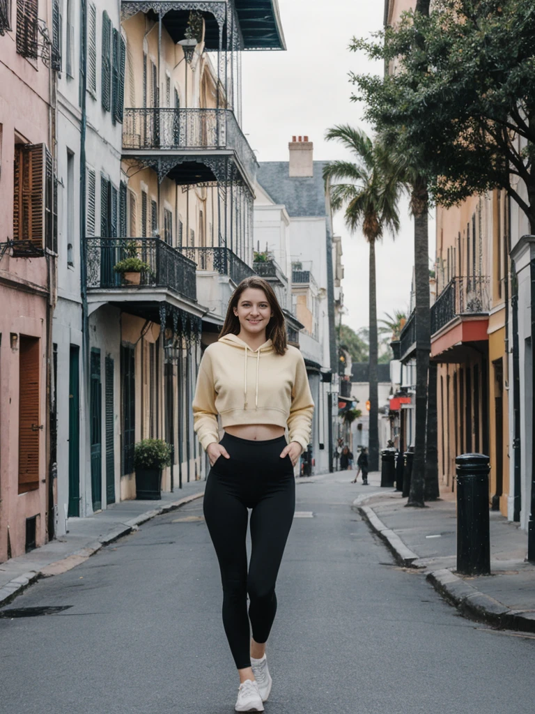 her name is Elle, high quality, 1girl, ((20-year-old fit Caucasian woman)), ((20 years old)), ((fit)), ((pale skin)), short length straight dark hair , wearing Graphic Cropped Hoodie + High-Waisted Vinyl Leggings, pose: standing, background: Capture the lively atmosphere of the French Quarter in New Orleans, with its vibrant jazz music, historic Creole townhouses, and bustling Bourbon Street