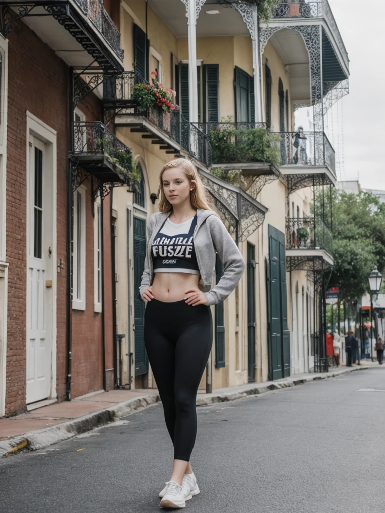 her name is Elle, high quality, 1girl, ((20-year-old fit Caucasian woman)), ((20 years old)), ((fit)), ((pale skin)), short length straight dark hair , wearing Graphic Cropped Hoodie + High-Waisted Vinyl Leggings, pose: standing, background: Capture the lively atmosphere of the French Quarter in New Orleans, with its vibrant jazz music, historic Creole townhouses, and bustling Bourbon Street