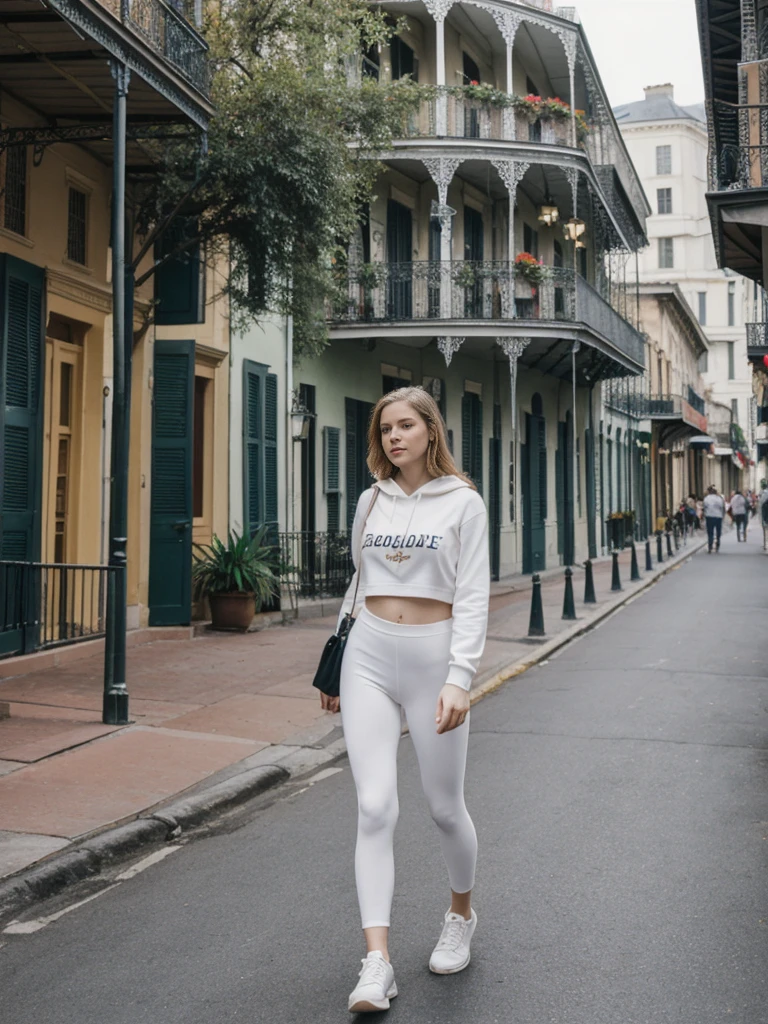 her name is Elle, high quality, 1girl, ((20-year-old fit Caucasian woman)), ((20 years old)), ((fit)), ((pale skin)), short length straight dark hair , wearing Graphic Cropped Hoodie + High-Waisted Vinyl Leggings, pose: standing, background: Capture the lively atmosphere of the French Quarter in New Orleans, with its vibrant jazz music, historic Creole townhouses, and bustling Bourbon Street