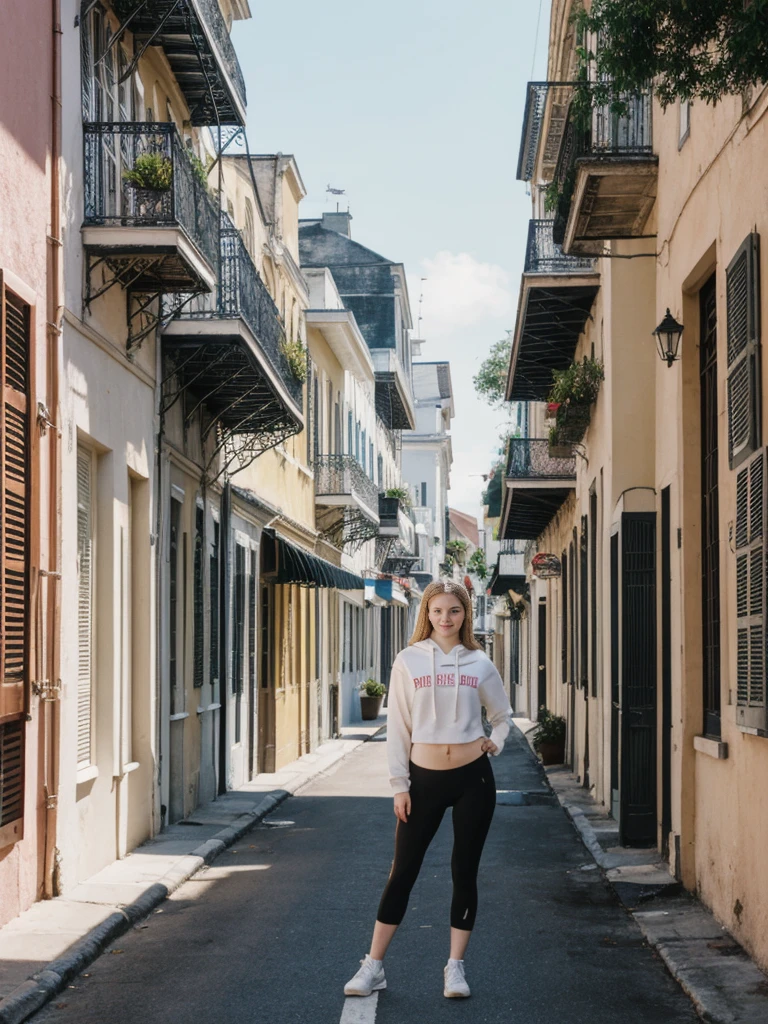 her name is Elle, high quality, 1girl, ((20-year-old fit Caucasian woman)), ((20 years old)), ((fit)), ((pale skin)), short length straight dark hair , wearing Graphic Cropped Hoodie + High-Waisted Vinyl Leggings, pose: standing, background: Capture the lively atmosphere of the French Quarter in New Orleans, with its vibrant jazz music, historic Creole townhouses, and bustling Bourbon Street