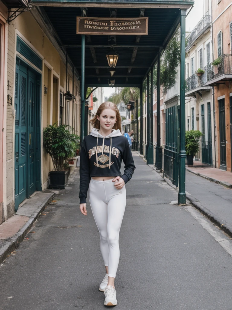 her name is Elle, high quality, 1girl, ((20-year-old fit Caucasian woman)), ((20 years old)), ((fit)), ((pale skin)), short length straight dark hair , wearing Graphic Cropped Hoodie + High-Waisted Vinyl Leggings, pose: standing, background: Capture the lively atmosphere of the French Quarter in New Orleans, with its vibrant jazz music, historic Creole townhouses, and bustling Bourbon Street