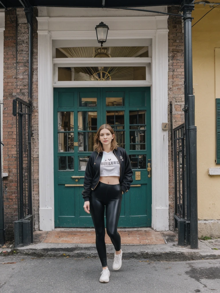 her name is Elle, high quality, 1girl, ((20-year-old fit Caucasian woman)), ((20 years old)), ((fit)), ((pale skin)), short length straight dark hair , wearing Graphic Cropped Hoodie + High-Waisted Vinyl Leggings, pose: standing, background: Capture the lively atmosphere of the French Quarter in New Orleans, with its vibrant jazz music, historic Creole townhouses, and bustling Bourbon Street