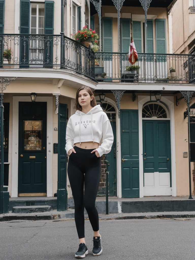 her name is Elle, high quality, 1girl, ((20-year-old fit Caucasian woman)), ((20 years old)), ((fit)), ((pale skin)), short length straight dark hair , wearing Graphic Cropped Hoodie + High-Waisted Vinyl Leggings, pose: standing, background: Capture the lively atmosphere of the French Quarter in New Orleans, with its vibrant jazz music, historic Creole townhouses, and bustling Bourbon Street