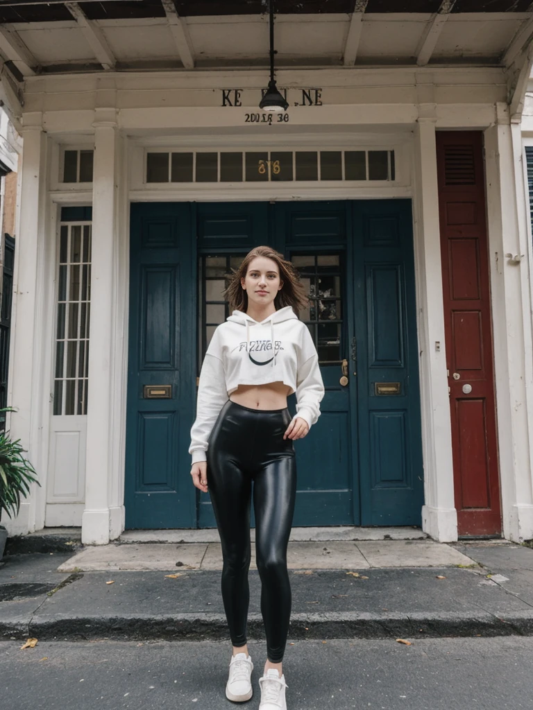 her name is Elle, high quality, 1girl, ((20-year-old fit Caucasian woman)), ((20 years old)), ((fit)), ((pale skin)), short length straight dark hair , wearing Graphic Cropped Hoodie + High-Waisted Vinyl Leggings, pose: standing, background: Capture the lively atmosphere of the French Quarter in New Orleans, with its vibrant jazz music, historic Creole townhouses, and bustling Bourbon Street