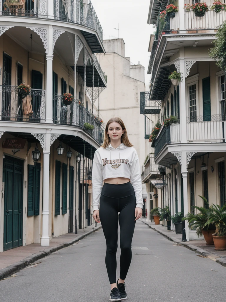 her name is Elle, high quality, 1girl, ((20-year-old fit Caucasian woman)), ((20 years old)), ((fit)), ((pale skin)), short length straight dark hair , wearing Graphic Cropped Hoodie + High-Waisted Vinyl Leggings, pose: standing, background: Capture the lively atmosphere of the French Quarter in New Orleans, with its vibrant jazz music, historic Creole townhouses, and bustling Bourbon Street