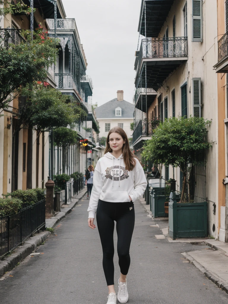 her name is Elle, high quality, 1girl, ((20-year-old fit Caucasian woman)), ((20 years old)), ((fit)), ((pale skin)), short length straight dark hair , wearing Graphic Cropped Hoodie + High-Waisted Vinyl Leggings, pose: standing, background: Capture the lively atmosphere of the French Quarter in New Orleans, with its vibrant jazz music, historic Creole townhouses, and bustling Bourbon Street