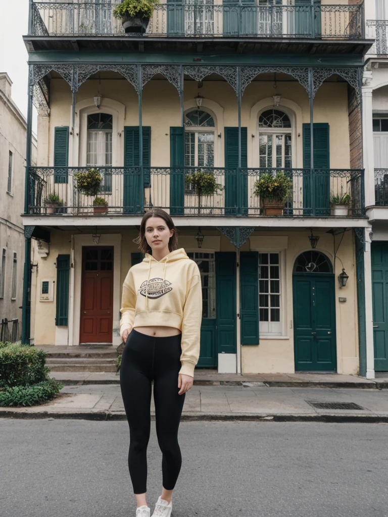 her name is Elle, high quality, 1girl, ((20-year-old fit Caucasian woman)), ((20 years old)), ((fit)), ((pale skin)), short length straight dark hair , wearing Graphic Cropped Hoodie + High-Waisted Vinyl Leggings, pose: standing, background: Capture the lively atmosphere of the French Quarter in New Orleans, with its vibrant jazz music, historic Creole townhouses, and bustling Bourbon Street