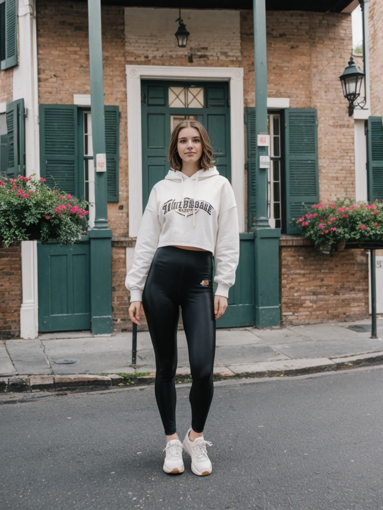 her name is Elle, high quality, 1girl, ((20-year-old fit Caucasian woman)), ((20 years old)), ((fit)), ((pale skin)), short length straight dark hair , wearing Graphic Cropped Hoodie + High-Waisted Vinyl Leggings, pose: standing, background: Capture the lively atmosphere of the French Quarter in New Orleans, with its vibrant jazz music, historic Creole townhouses, and bustling Bourbon Street