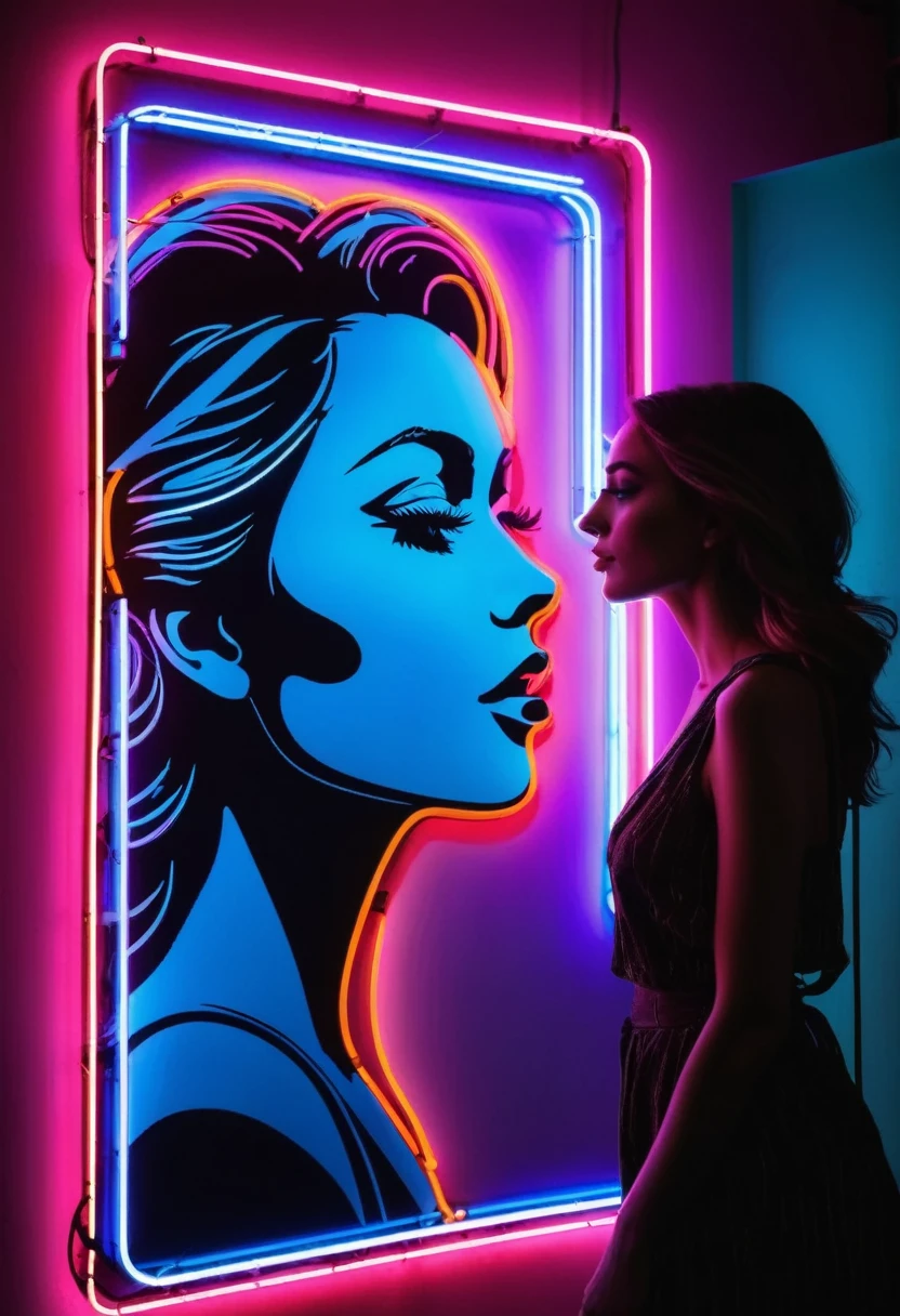 Side face silhouette,Shadow of beautiful woman under neon sign,Huge neon signboard,(Neon sign with text:1.5)