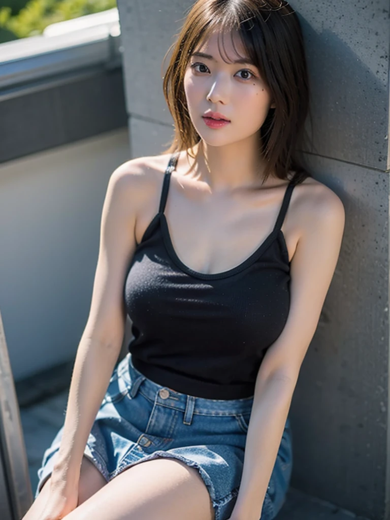 1girl, woman, fashion photography, front view, Full shot: Canon EF 16-35mm f/2.8L III USM lens on a Canon EOS 5D Mark IV camera, Hazy: Canon EOS R6 camera with a Canon RF 24-105mm f/4L IS USM lens, Morning: Fujifilm X-T4 camera with a Fujinon XF 16-55mm f/2.8 R LM WR lens, Adventure/Action: GoPro HERO10 Black, knit tank top, short skirt, beautiful thigh, photorealistic, perfect details, ultra realism, 4k, portrait, beautiful legs, (big breast:1.2), japanese skin.