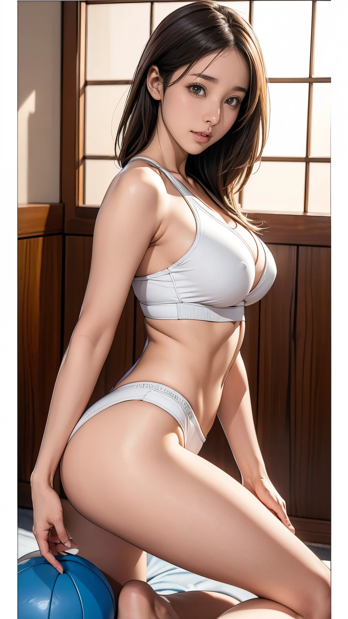 8K, RAW photos, best quality, masterpiece, Practical, Reality, (1 extreme beauty), 36 years old, Gorgeous,The face is rich in detail, (Perfect Teeth), Delicate eyes, double eyelids, eyelash, Grin, Lip detail, Brown Hair Bob, Natural breasts, ((Sexy Japanese volleyball)), ((White sexy sports briefs))Soft Light, ((Written border depth)) 、all、Stick out your ass、legs spread、slim body、Inverted Nipple, High Jump Jacket,Sports bra,Leaked out,