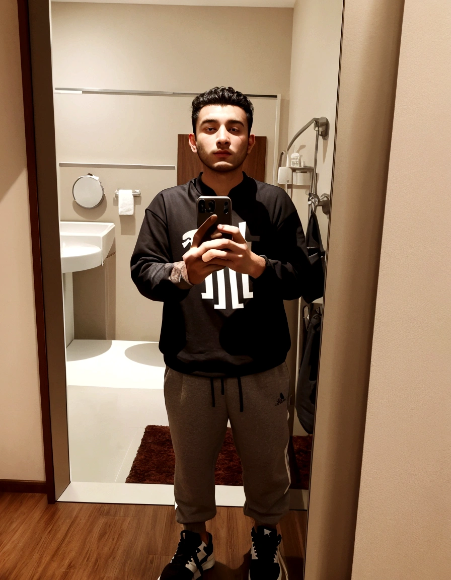 arafed man taking a selfie in a hotel bathroom mirror, 2 3 years old, 2 7 years old, 2 8 years old, 2 2 years old, 21 years old, 2 4 years old, full body picture, wearing adidas clothing, 2 9 years old, he is! about 3 0 years old, 25 years old, 2 5 years old