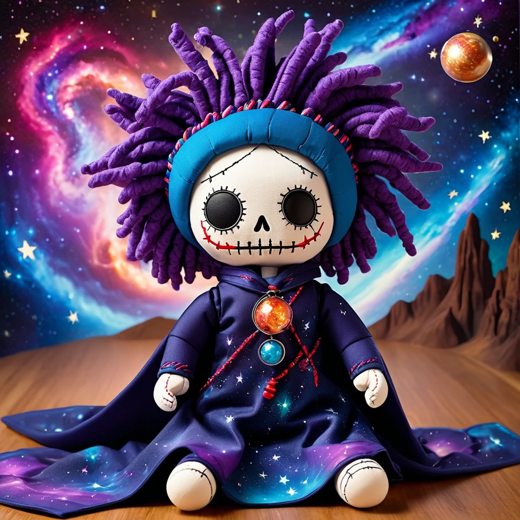 (knitted toy voodoo doll:1.7), (Voodoo Astral Traveler:1.8), (Clothing: celestial robes with nebula patterns:1.0), (Accessories: astral projection orb, starry cloak, cosmic dust trails:1.2), (Background: astral plane with swirling galaxies and cosmic phenomena:1.2), (full body:1.0), best quality, masterpiece, detailed soft oil painting, detailed background, dramatic cinematic lighting, soft edge lighting, professional, dramatic lighting, hard edge lighting, ultra quality, 4k, masterpiece, best quality, 8k, ultra high definition, high resolution, extremely detailed