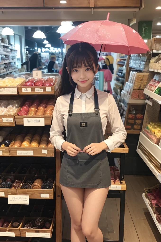 A 20-year-old girl working in a store with lots of cute umbrellas lined up(Wearing a miniskirt and apron)
