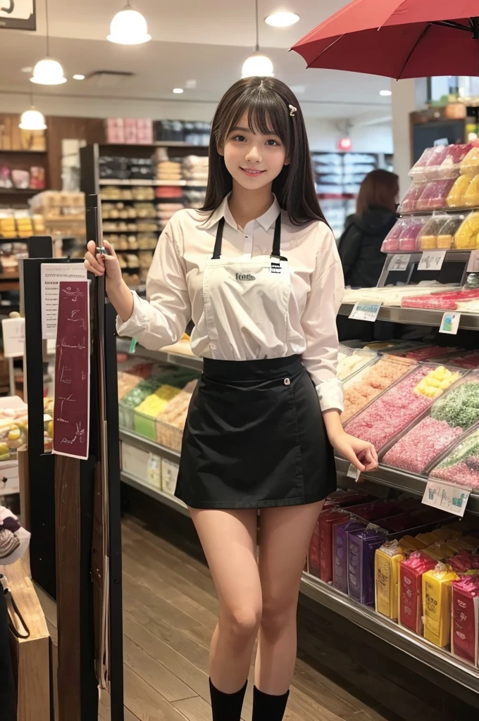 A 20-year-old girl working in a store with lots of cute umbrellas lined up(Wearing a miniskirt and apron)