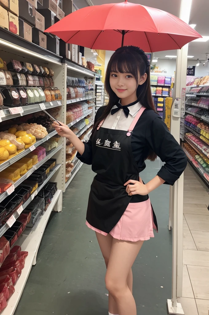 A 20-year-old girl working in a store with lots of cute umbrellas lined up(Wearing a miniskirt and apron)