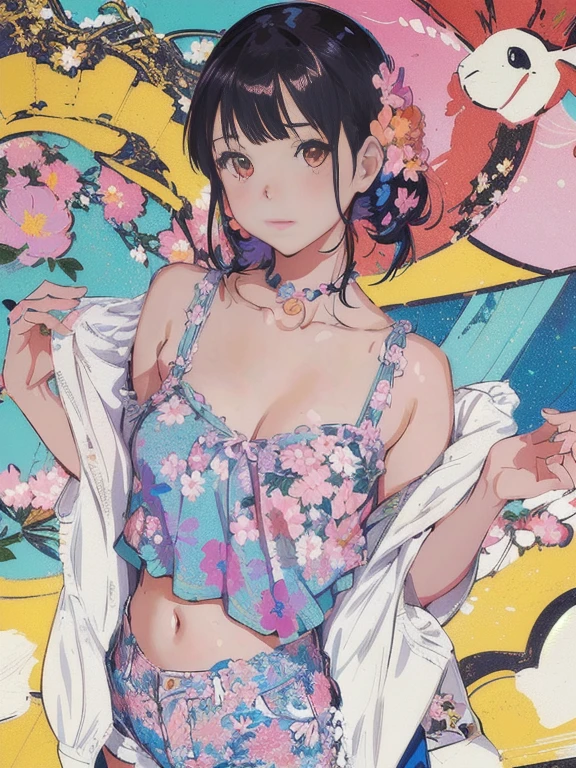 Anime girl taking a photo wearing a floral top and blue shorts, Detailed digital anime art, extremely detailed art gelm, artwork in the style of Gwaiz, Gwaiz, art gelm. Anime illustration, Ilya Kuvshinov. 4k yen, art gelm and Ilya Kuvshinov, Lostland Style, Lostrun 8k