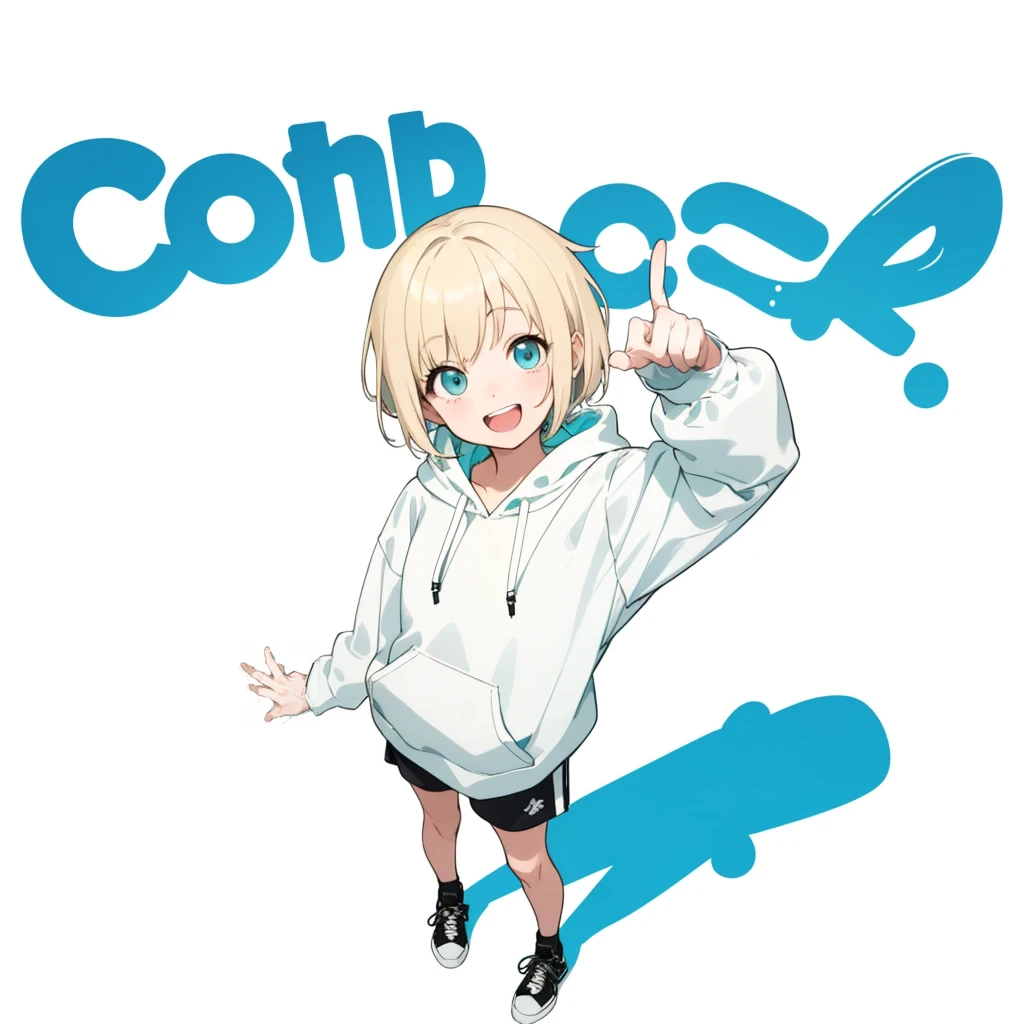 First Job, Better Quality, 1. garota Laughter, Short Mash Hair、Short Hair、Blonde Hair Color、Turquoise Eyes、White hoodie、Black hot pants、Black sneakers、, Little , Little, Laughter (Solo Girl)、Looking up、The camera is from above、The front hair is straight、Please draw the fingers in detail、Fingers5It's a book