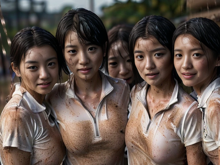(A plain white short sleeved, very tight, white half zip, soiled gym uniform:1.7)、(A large, dirt-stained, white, square collar: 1.6)、(Red clay ground:1.5)、My hair is wet and messy、(Beautiful Japanese woman covered in dirt:2.2)、Highest quality, masterpiece, Ultra-high resolution, Photorealistic, Raw Photos,Detailed face,(Muscular woman:1.4), (Fastener open: 1.8), (Upper body zoom up:1.0),(Everyone wears the same clothes:1.0), All members are super beauties, (Group photo of beautiful Japanese women huddled together: 1.7), (Hair tied up: 1.4), (Gentle expression:2.1), Bright photo, (My whole body is drenched in rain: 1.6), (Covered in mud and earth: 1.4)