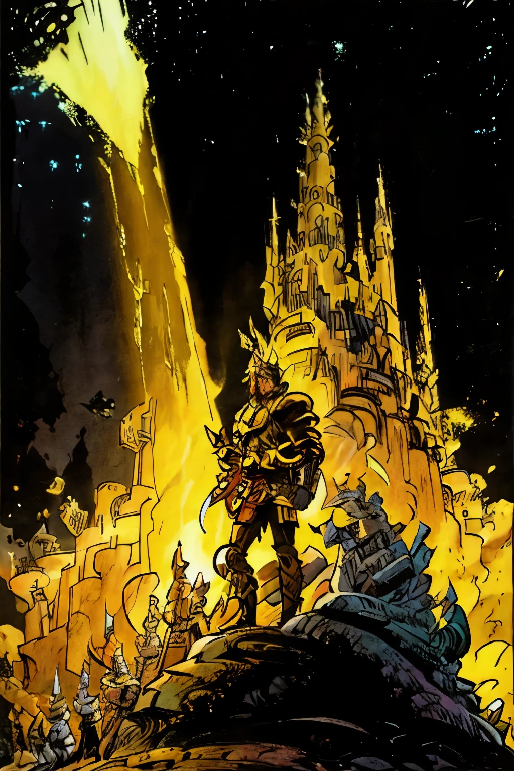 a king , warring a glowing crown ,standing , 2d comic style 