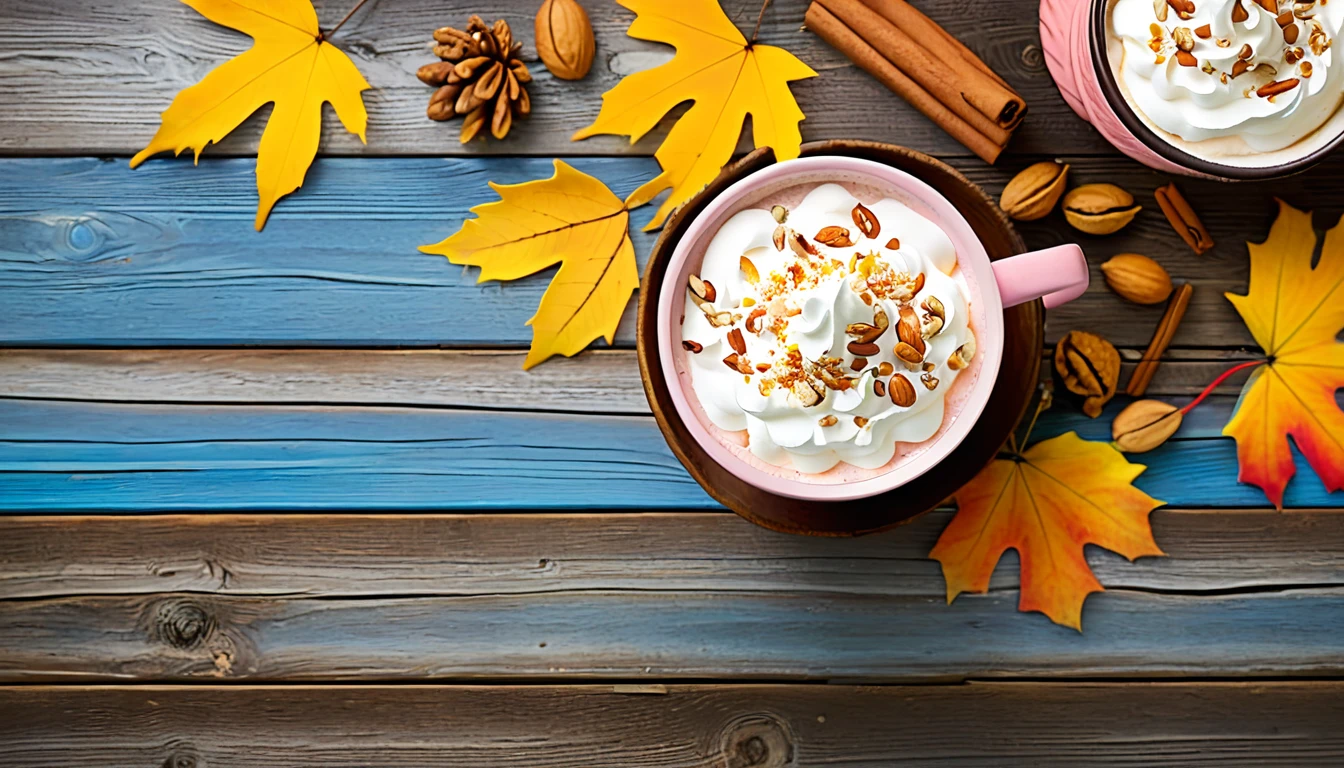 Create an image of a cozy autumn setting featuring a pink textured mug filled with a creamy beverage, topped with whipped cream and a sprinkle of cinnamon. The mug is surrounded by an array of autumn leaves in various shades of orange, yellow, and brown, as well as nuts like walnuts and almonds scattered on a rustic blue wooden surface. The warm tones and the inviting composition evoke the essence of fall.