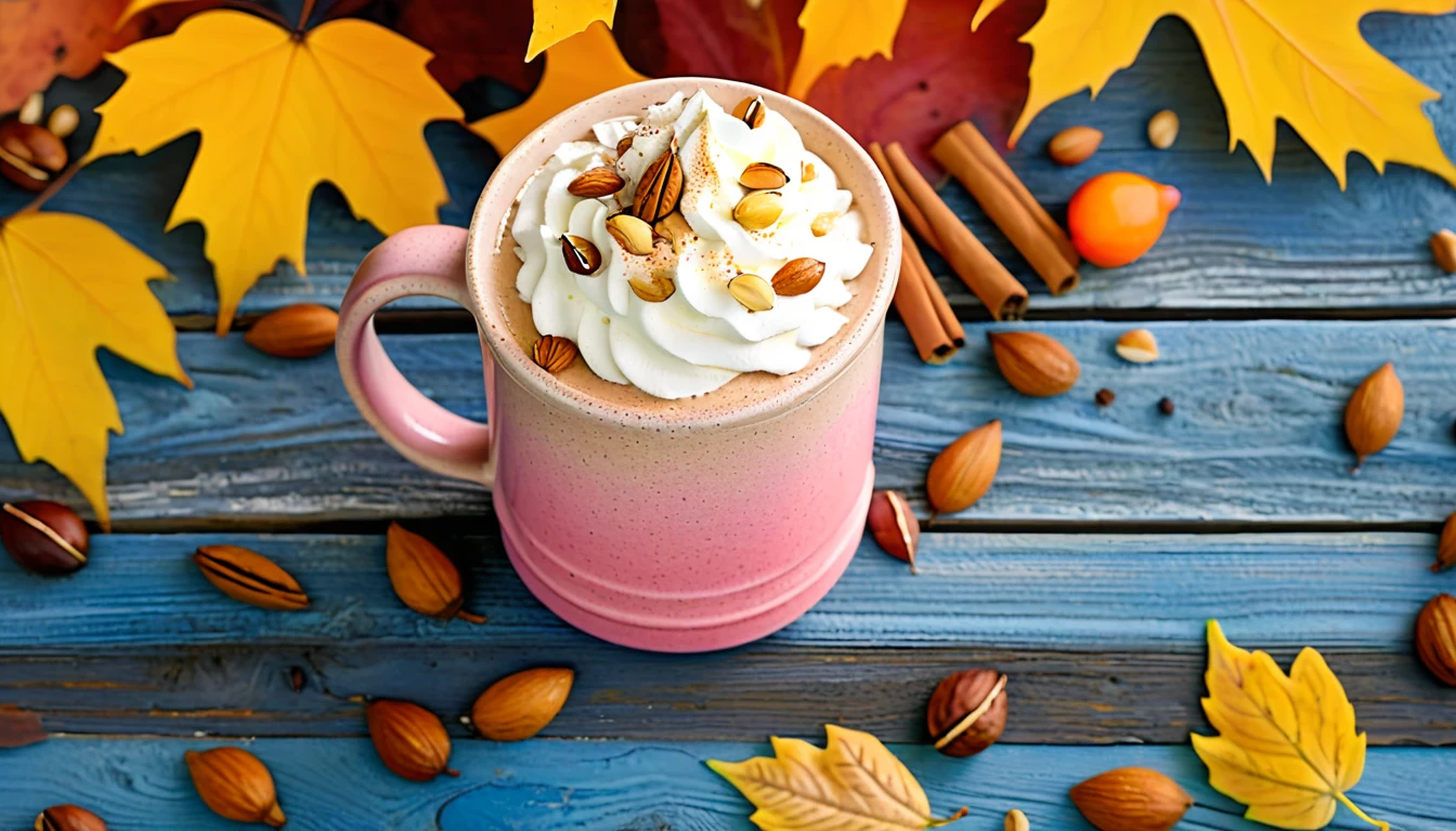 Create an image of a cozy autumn setting featuring a pink textured mug filled with a creamy beverage, topped with whipped cream and a sprinkle of cinnamon. The mug is surrounded by an array of autumn leaves in various shades of orange, yellow, and brown, as well as nuts like walnuts and almonds scattered on a rustic blue wooden surface. The warm tones and the inviting composition evoke the essence of fall.