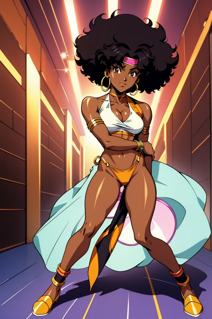 one woman, full body, black woman from an 90s anime, 90s anime fog, static like from an 90s anime, 1990s \(style\), short afro hair, black afro, curly black hair, serious smile, mouth closed, mysterious, brown skin, action anime, bandana headband, disco outfit, white halter top, cleavage, disco girl outfit, african woman, dark skin, gold bracelets, hoop earrings, bottomless, no panties, no pants, pubic hair